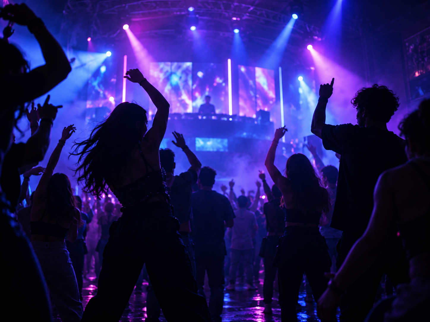 Violet-lit dance floor and party crowd