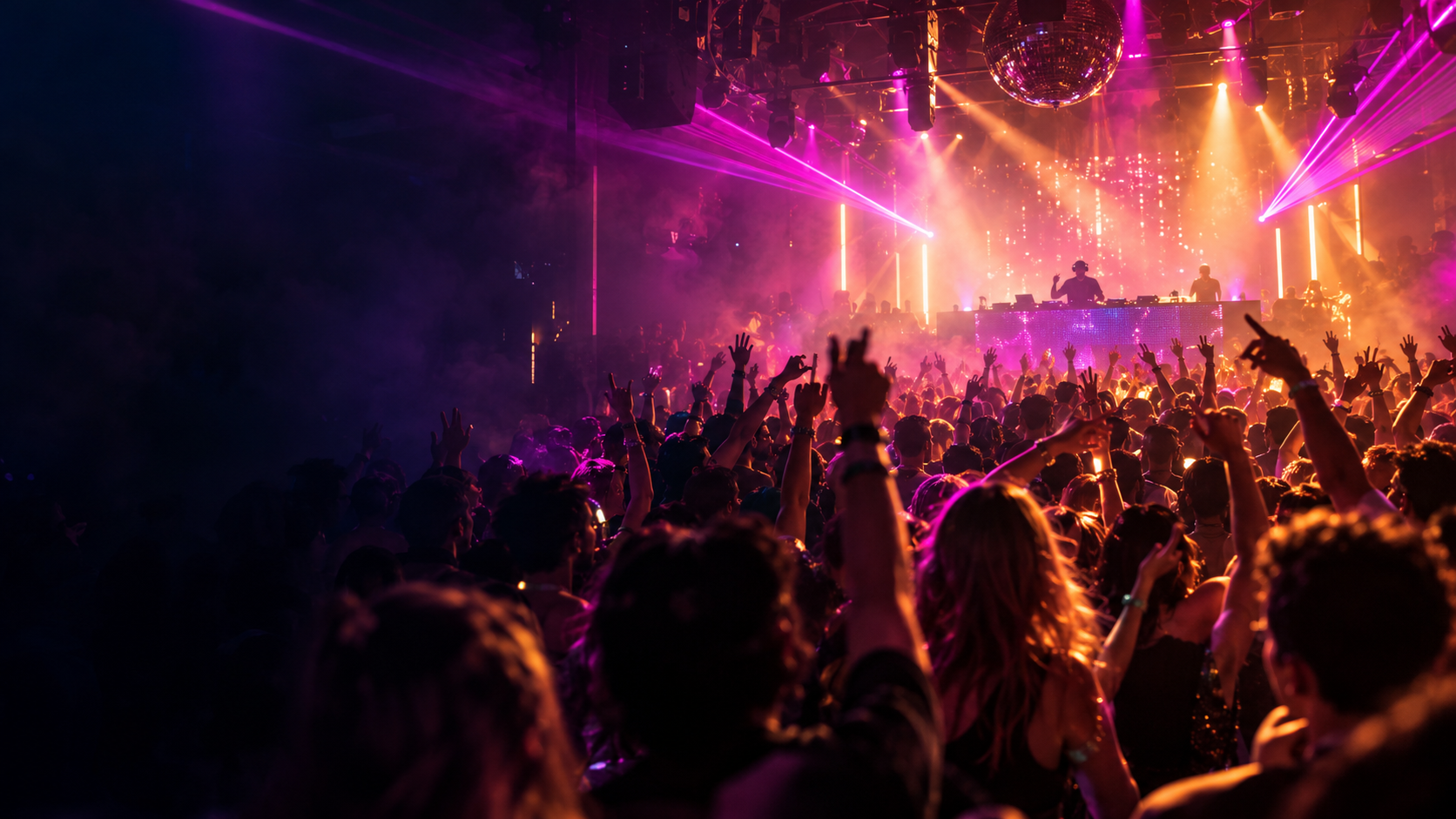 Purple lights over a party crowd